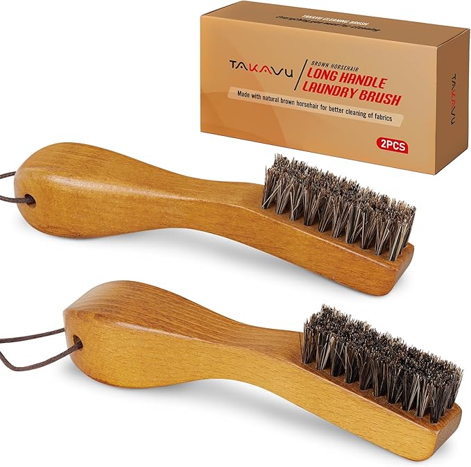 TAKAVU Laundry Stain Brush Set of 2 – Clothes Cleaning Brushes with Horsehair & Wooden Handle – Gentle Fabric Care Brush for Stain Removal, Shoes, Boots & Delicate Garments