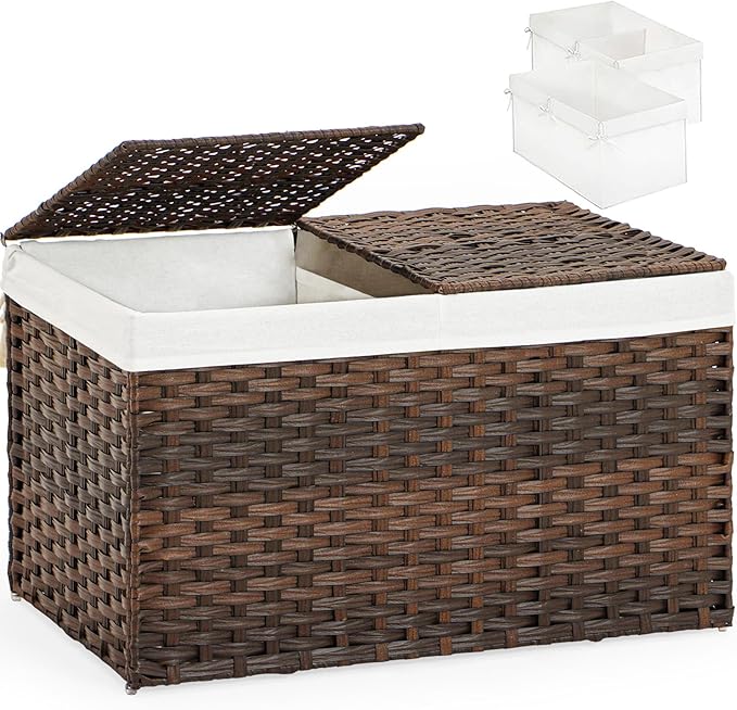 Storage Basket with Lid Rattan Woven Storage Baskets with 2 Separate Lids, 17.2 Gallon (65 L), 22 x 13 x 13.8 Inches,Foldable, 2 Removable Liner Bags Handles for Bedroom, Laundry Room Brown