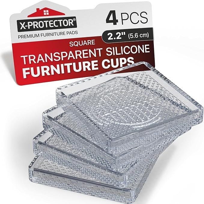 X-Protector Furniture Cups - 4 PCS 2.2" - Non Slip Furniture Pads for Hardwood Floors - Transparent Floor Protectors - Bed Stoppers to Prevent Sliding - Keep Furniture from Sliding on Floor! (Square)