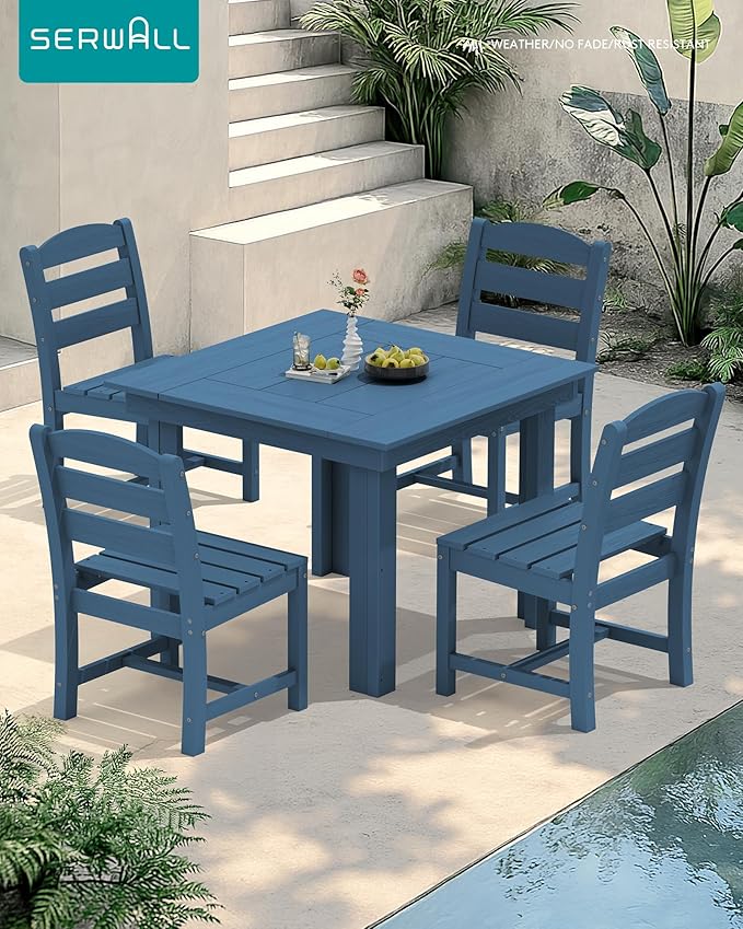 SERWALL Outdoor Dining Set for 4, HDPE Square Table and Chairs Set All Weather