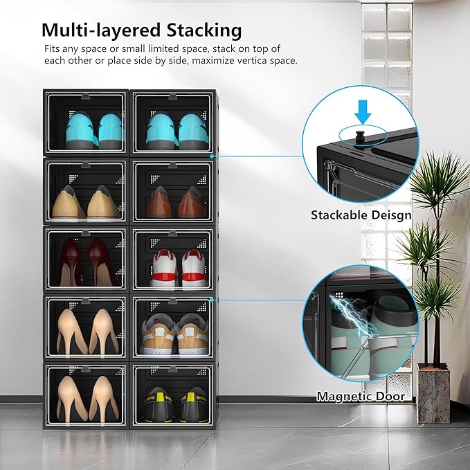 12 Pack Hard Sturdy Thickened Rigid XX Large Shoe Storage Organizer for Closet, Clear Stackable Sneaker Shoe Boxes Rack Containers Display Case Bins with Lids, Black03