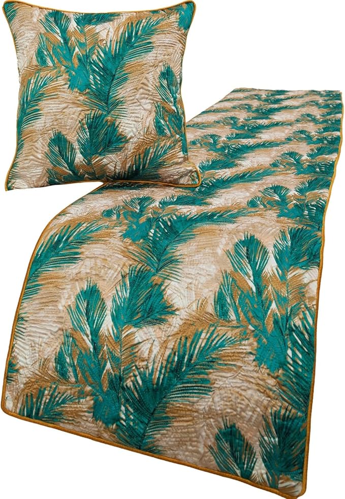 The HomeCentric King/Queen/Twin Green Decorative CA King 86"x18" Bed Runner Without Pillow Cover, Plam Leaves & Quilted Bed Scarf on Satin Fabric - Palms