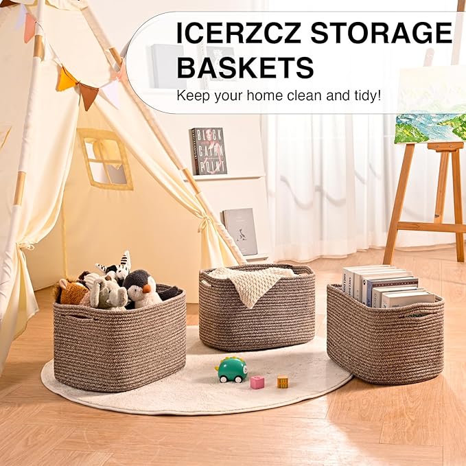 Storage Baskets for Organizing Shelves, Woven Cotton Rope Bins for Baby Nursery Organization, Book Toy Towel Organizer, 15"x11"x9.5", 3 Packs, Dark Brown