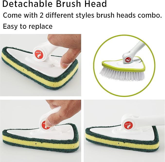 CQT 2 in 1 Bathroom Cleaning Brush with 48" Extendable Long Handle Detachable Scrub Brush with 2 Scrubber Heads and 2 Scouring Pad Head for Cleaning Bathtub Shower Bathroom Wall Bathtub Floor