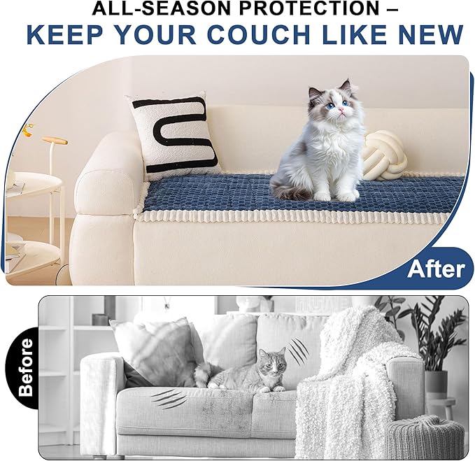 OTOB All Seasons Sofa Covers for 3 Cushion Couch Washable, Fuzzy Non Slip Kids & Pet Friendly Couch Cover Furniture Protector, Soft Plush Sofa Slipcovers Dog Bed Mats (Navy Blue, 31.5" x 70.9'')