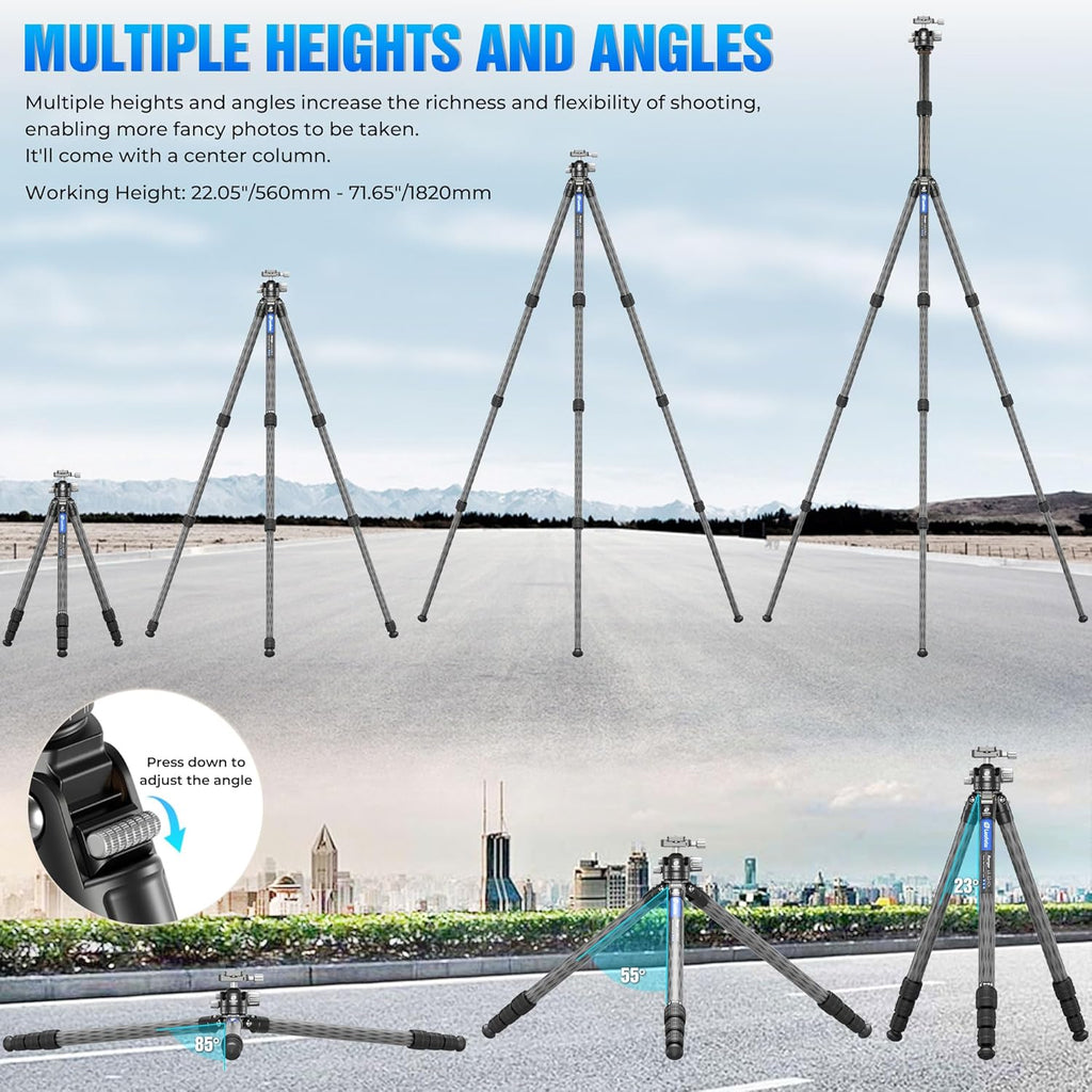 71" Travel Tripod Carbon Fiber for Camera, Compact Lightweight Tripod with 360°Panorama Ball Head,QR Plate, Removable Center Column, Load up to 15kg/33lbs