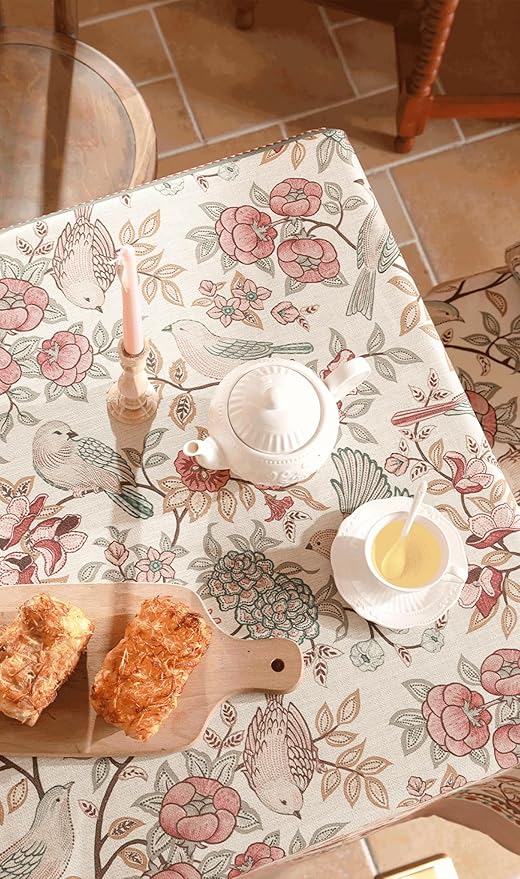 patdrea Designer Pink Linen Table Cloth for Rectangle Table,Vintage Floral with Birds Pattern Decorative Tablcloth,French Table Cover for Kitchen Dining,Thanksgiving,Christmas,63"x110"-Kulom a