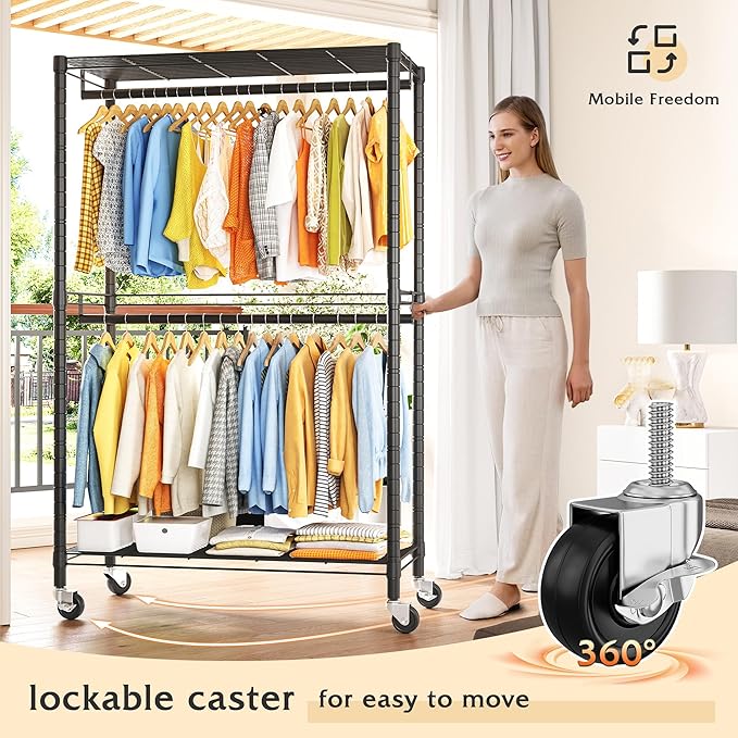 Raybee Heavy Duty Clothing Rack with Wheels,Rolling Clothes Rack for Hanging Clothes,Portable,2 Shelves,Black