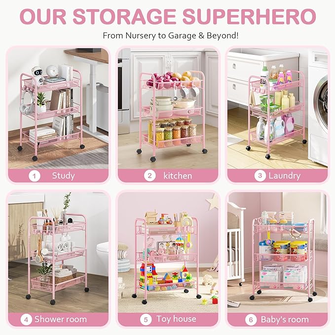 TOOLF 3 Tier Rolling Utility Cart - Durable Metal Design Pink Utility Cart, Storage Trolley on Wheels with 3 Hooks, Perfect for Kitchen, Bathroom & Laundry Room Organization