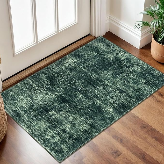 IOHOUZE Small Abstract Area Rug 2x3 Ft Entryway Rugs Washable Door Mat Indoor Entrance, Rubber Backed Throw Rugs, Printed Faux Wool Non Slip Floor Carpet for Foyer Front Door Sink, Dark Green