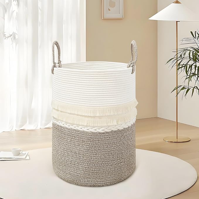 danpinera 79 L Large Laundry Basket, Tall Woven Cotton Storage Hamper with Handles, Dirty Clothes Hamper in Bathroom, Decorative Storage Basket for Living Room White & Brown