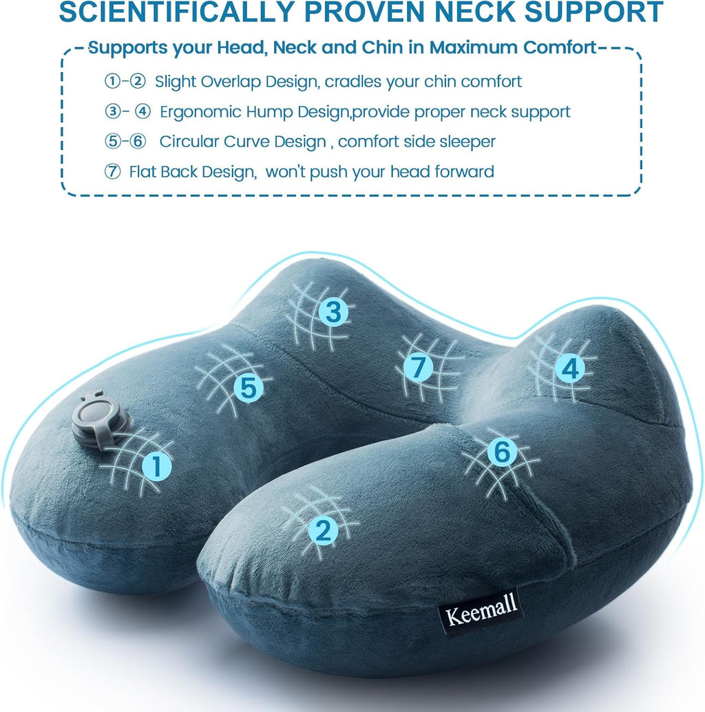 2Pack Inflatable Travel Neck Pillow for Airplane Sleeping, Adjustable Blow Up Neck Support Air Pillow Traveling on Plane Long Flights Washable