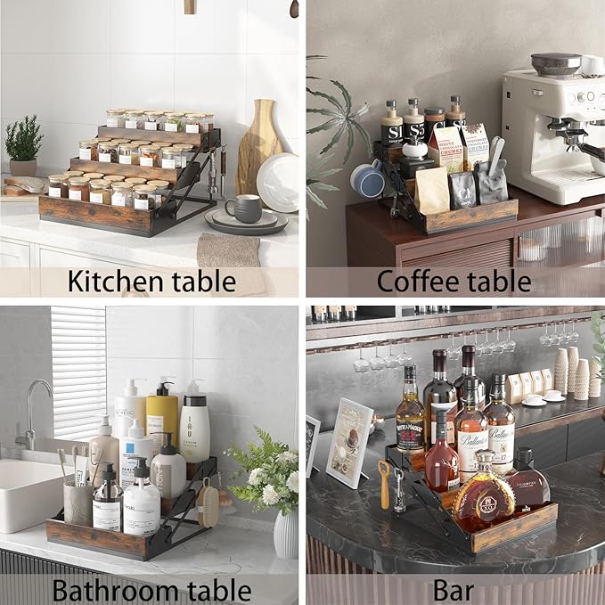 3 Tier Foldable Spice Rack Organizer for Countertop, Step Shelf with Spice Jars for Kitchen Cabinet Drawers Seasoning Rustic Wooden Spice Holder for Home, Cupboard or Door - 2PCS