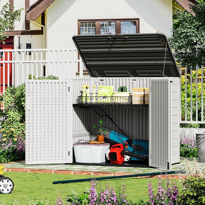ZZM Large Outdoor Storage Shed, 48 Cu Ft Resin Versatile Storage Cabinet for Patio Accessories, Trash Cans & Garden Tools, Durable Horizontal Storage Box with Lockable Lid (White)