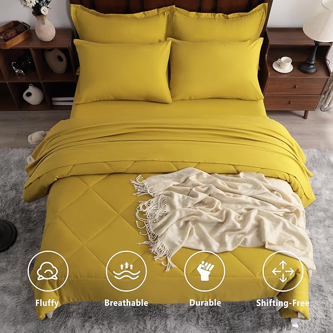 NTBAY King Comforter Set with Sheets, 7 Pieces Soft and Breathable King Bedding Set, Bed in a Bag, Down Alternative Comforter Set Solid Color All Season, King Bedding Set, Yellow