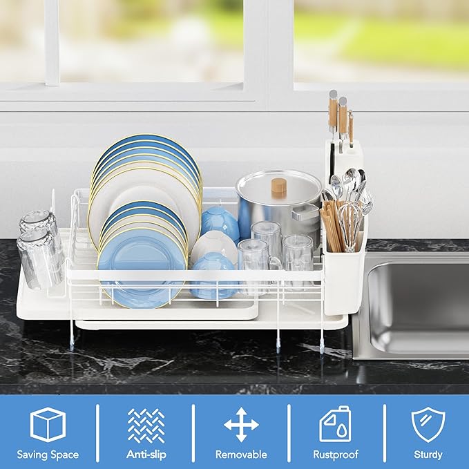 ROTTOGOON Expandable Dish Drying Rack,Multifunctional Adjustable Dish Drainer with Swivel Spout and Anti-Rust Dish Rack with Removable Cutlery & Cup Holders for Kitchen Counter,White