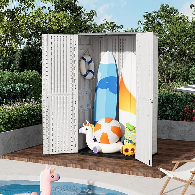 ZZM Resin Outdoor Storage Shed, 67 Cu.ft Vertical Resin Tool 4x6 FT Cabinet w/o Shelf for Garden, Patio, Backyard, All-Weather Outdoor Plastic Storage Clearance, Lockable with Floor (Light-White)