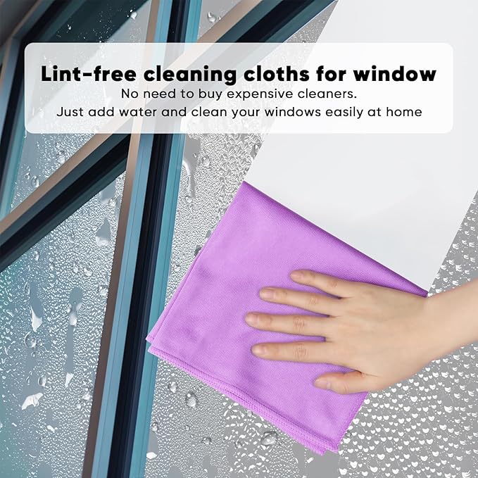 HOMEXCEL Microfiber Glass Cleaning Cloth 12 PK, Lint Free Streak Free, Reusable Cleaning Cloth for Cleaning Windows, Glasses, Mirrors, Screens, Stainless Steel, and More Purple-12”×12”