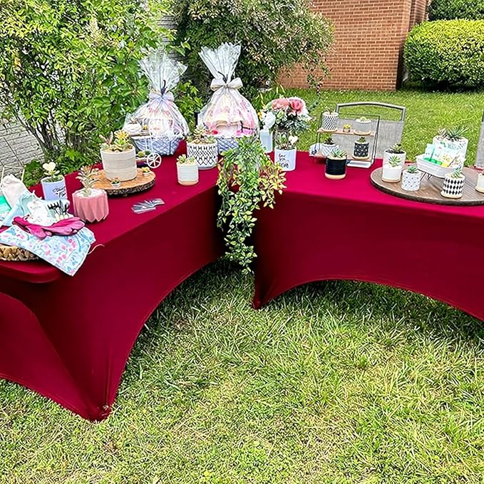 Trlyc 2 Pack 8FT Spandex Table Cloth - 96 x 30 Inch Rectangular Stretch Tablecloth, Wrinkle Resistant Scretch Table Cover for Wedding, Party, Banquet, Picnic, Outdoor Decoration (2Pcs,Burgundy)