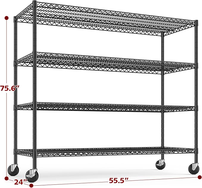 REIBII 55.5''W Heavy Duty Metal Shelves with Wheels - 4PCS Adjustable Garage Storage Rack, 75.6" H X 55.5''W X 24" D
