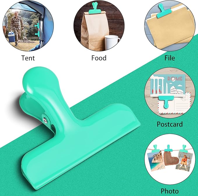 Bag Clips Heavy Duty Stainless Steel Chip Clips, Food Bags Clamp Great for Kitchen Office to Seal Coffee Bags, Paper Sheets - Pack of 8（Green）