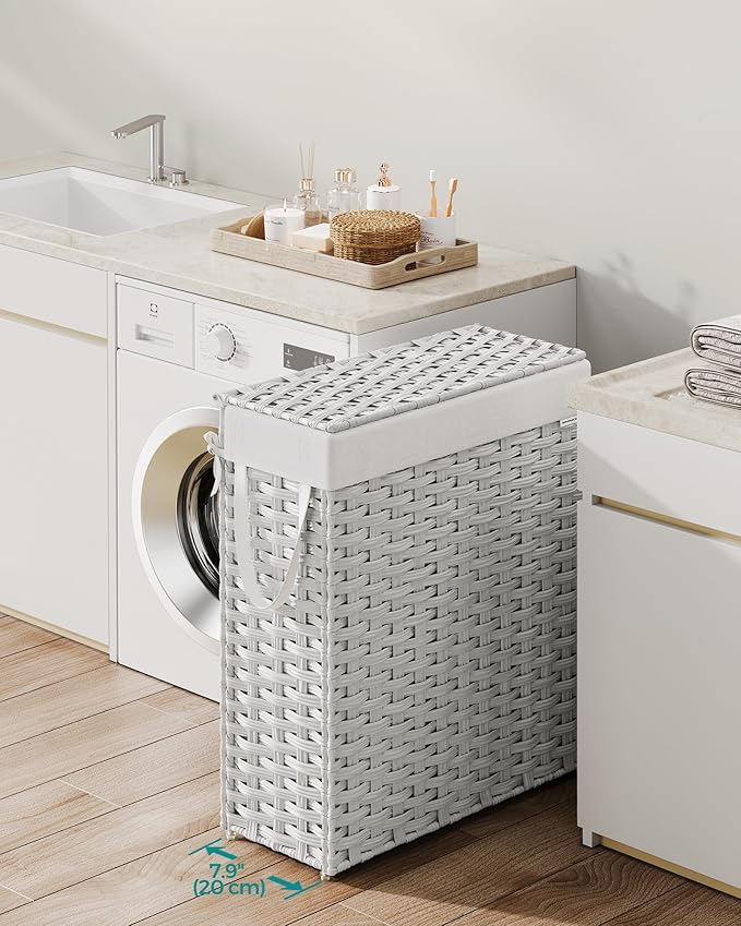 SONGMICS Slim Laundry Hamper with Lid, 14.5 Gallon (55L) Rattan Clothes Laundry Basket with Lid and Handles, Foldable, Removable Liner, Cloud White ULCB164W01