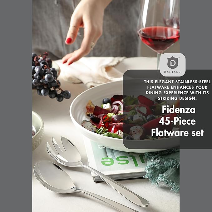 Silverware Set for 8 with Serving Utensils, 18/10 Stainless Steel Flatware, Mirror Finish, Dishwasher Safe, Heavy-Duty Cutlery, Built to Last (45-Piece Including a Serving Set, Fidenza)