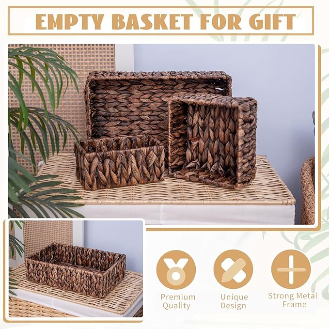 Handwoven Wicker Storage Baskets Set, Natural water hyacinth & Iron Frame | Triple Sizes (Small, Medium, Large) for Home Organizing, Bathroom, Shelves | Woven Baskets for Storage & Decor (Dark Brown)