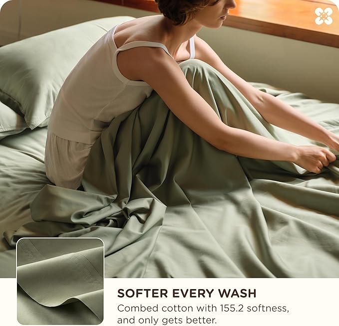 Bedsure Cooling Sheets, Rayon Derived from Bamboo & Cotton Blend, GentleSoft, Breathable, Queen Sheet Set, Deep Pocket Up to 18 Inches, Hotel Luxury Bedding for Hot Sleepers, Tea Green