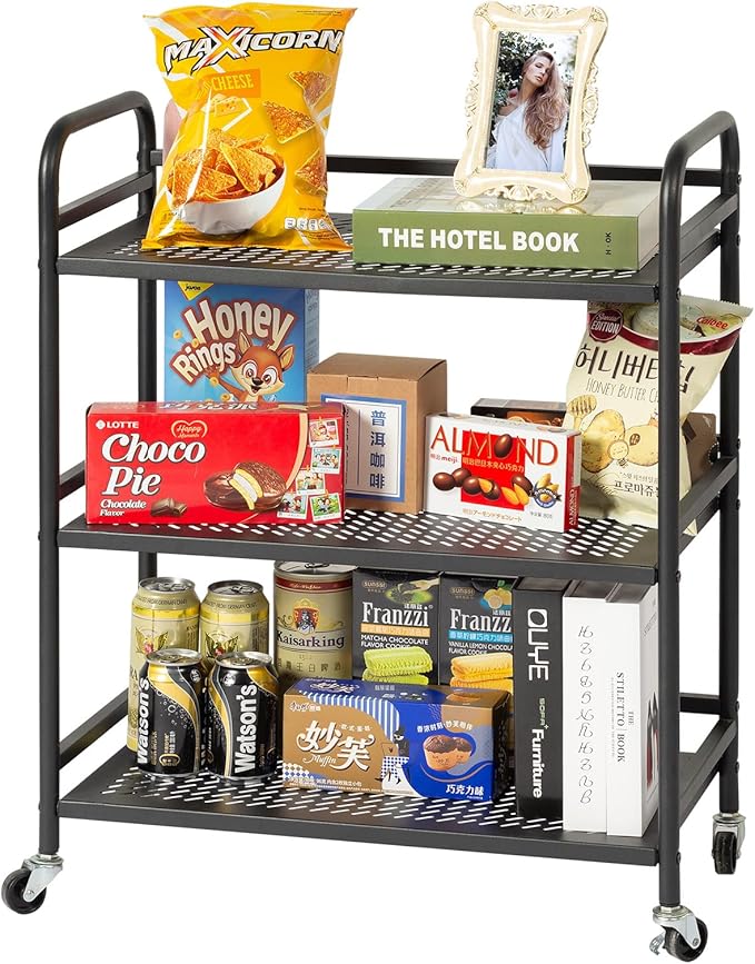 HDANI 3 Tier Metal Rolling Heavy Cart Supports 40 Lbs Per Tier,Rolling Cart with 2 Lockable Wheels for Office,Home,Bedroom,Kitchen,Bathroom(Black)…