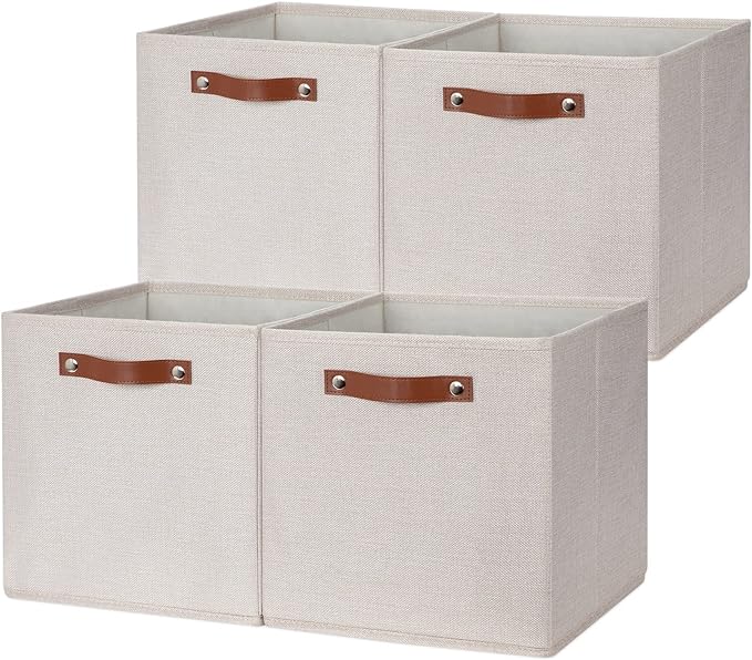 DULLEMELO 12inch Cube Storage Baskets for Shelves Closet Storage,Sturdy Home Organization Bins for Gifts Empty,Foldable Fabric Storage Cubes Baskets for Nursery Toys Clothes Storage(Beige-4 Pack)