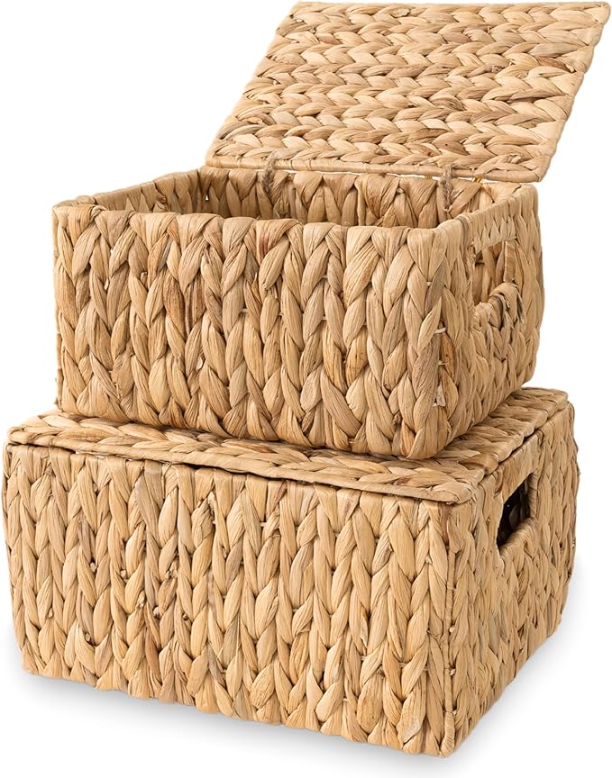 Wicker Storage Baskets with Lid, Set 2 Basket With Lid Decorative Storage Rectangle Wicker Storage Basket With Lid Large Rattan Storage Box Hyacinth Baskets