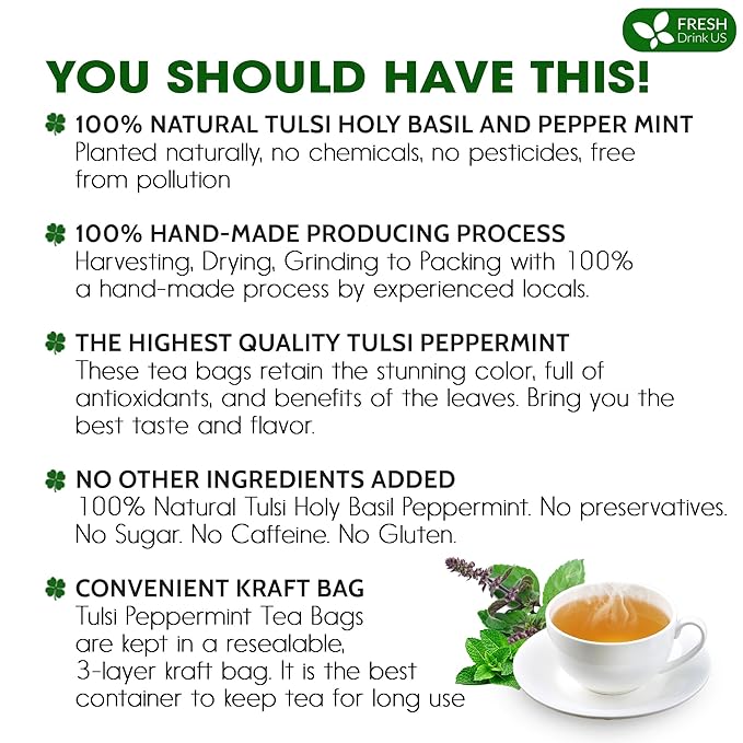 FreshDrinkUS, Premium Tulsi Peppermint Herbal Tea – 135 Tea Bags, 100% Natural, Blend of Tulsi Holy Basil Leaves, and Peppermint Leaves. Made with Natural Material Tea Bags. No Sugar, Vegan.