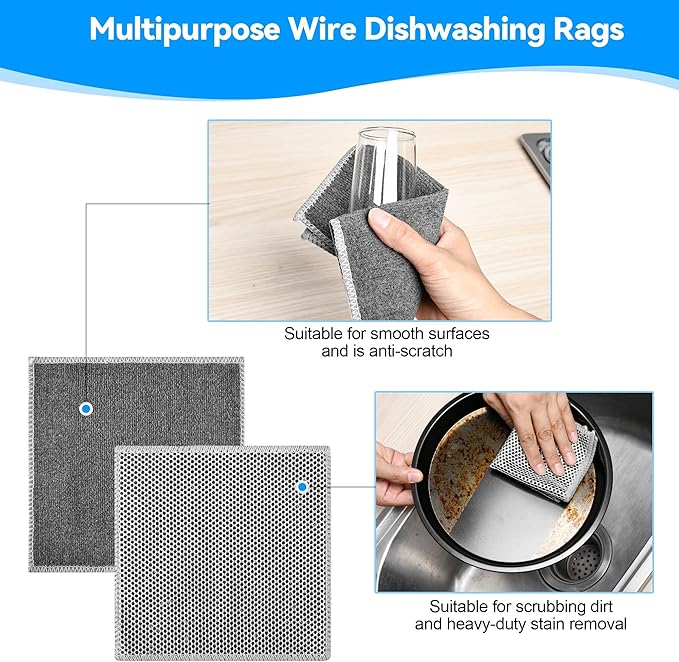 Stainless Steel Scrubber and Cleaning Rags - Non Scratch Wire Dishcloth for Washing Dishes, Durable Steel Wool Scrubber and Kitchen Dish Towels (New 6pcs)