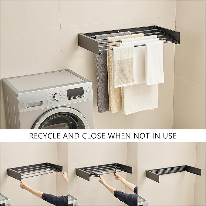 JOOM Laundry Drying Rack Collapsible, Wall Mounted Clothes Drying Rack, Retractable Drying Rack, 31.5" Wide, 5 Aluminum Rods, 60 lb Capacity (Black 31.5")