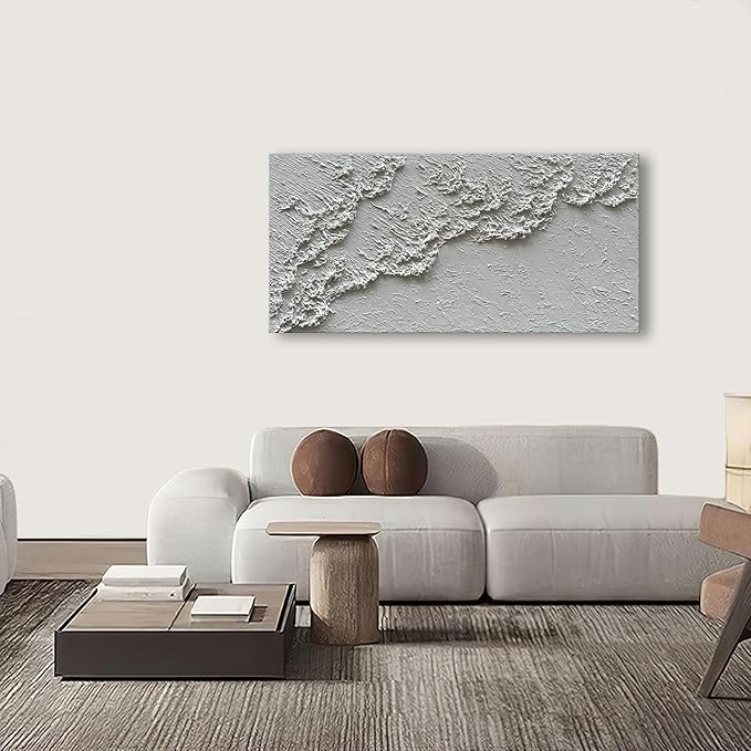 NANKAI Hand Painted White Minimalist Art Painting Ocean Waves Abstract Canvas Oil Painting Home Wall Decoration Art 24x48 Inchs