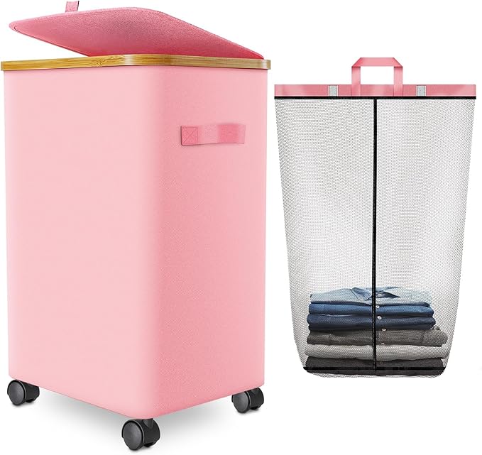 Laundry Hamper with Wheels,20 Gal (75L) Laundry Basket with lid Rolling Clothes Hamper Foldable Dirty Clothes Basket on wheels with Bamboo Frame and Bag for Bedroom, Dorm, Laundry Room-Pink