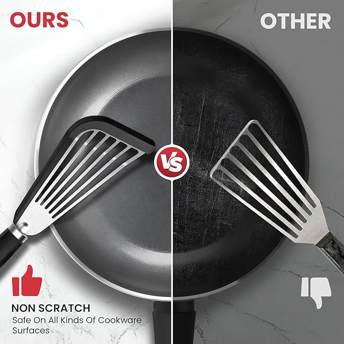 Fish Spatula Turner Set of 2, 600ºF Heat Resistant Silicone Spatulas for Nonstick Cookware, Metal Slotted Spatula with Silicone Edge for Fish, Egg, Pancake, Dishwasher Safe