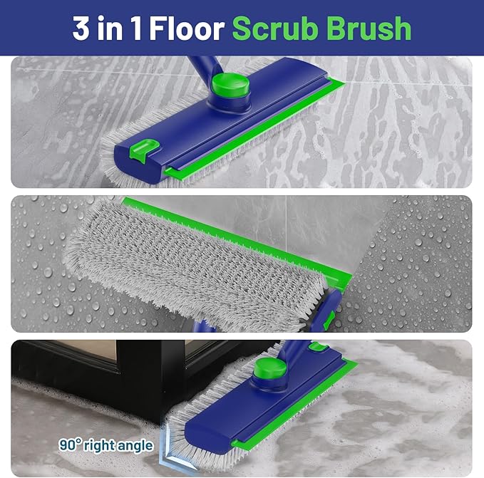 Floor Scrub Brush with Long Handle: 3 in 1 Heavy-Duty Floor Scrubber Brush with Squeegee for Cleaning Tile Bathroom Deck Kitchen Patio