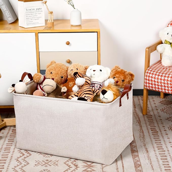 DULLEMELO Large Beige Storage Basket 70L Oversized Canvas Fabric Storage Bin, Collapsible Rectangular Toys Basket Organizer with Handles, 22X15 Storage Container for Clothes, Blankets, Pillows