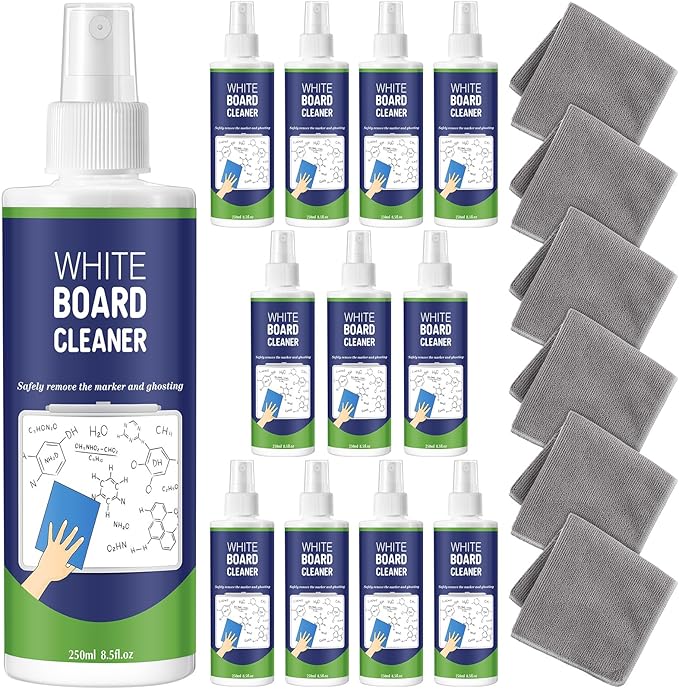 12 Pack Whiteboard Cleaner Spray 8.5oz Dry Erase Board Cleaner with 6 Cloths Non Toxic Dry Erase Cleaner Removes Stubborn Marks from Whiteboards
