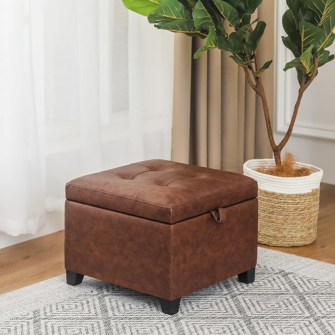 Adeco Faux Leather Storage Ottoman Bench with Wood Legs, 17.7" Square Red and Brown PU Cube Foot Stool, Upholstered Button Tufted Vanity Chair with Hinged Lid for Living Room, Bedroom, Dorm