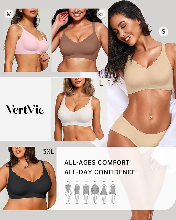 Vertvie Womens Seamless Bras No Underwire Supportive Wireless Push Up Full Coverage Bralette Comfort Scalloped T-Shirt Bra