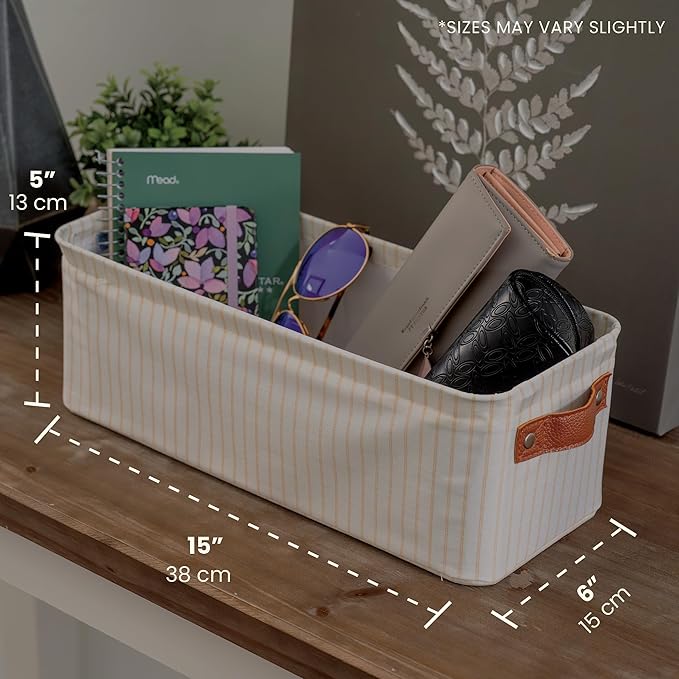 OrganiHaus Narrow Storage Bins 15x06in, Small Closet Bins for Shelves, Bathroom Storage Baskets, Narrow Baskets, Fabric Organizer with Handles, Toilet Paper Organizer - 2 Pack, White w/ Brown Stripes