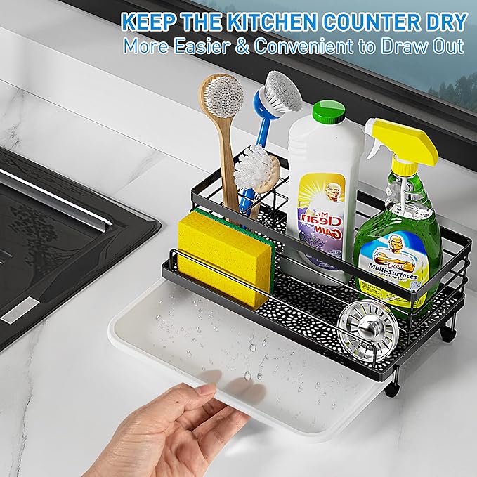Cisily Large Black Sponge Holder for Kitchen, Sink Caddy Sink Organizer Rack for Kitchen Accessories with Drip Tray, Rustproof and Non-slip, Soap Dispenser Countertop Organizer Essentials for New Home