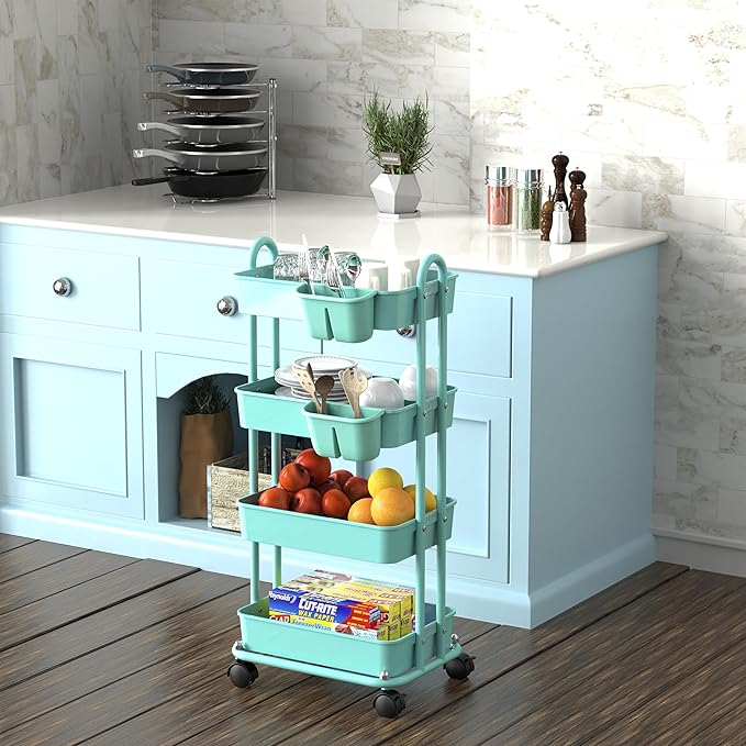 Simple Houseware 4-Tier Multifunctional Rolling Utility Cart with Hanging Buckets, Turquoise