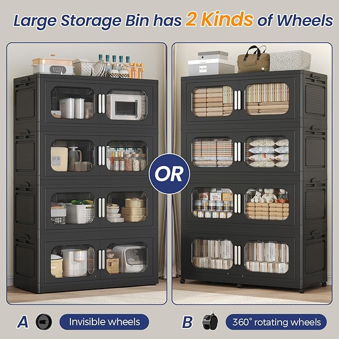250GAL Extra Large Storage Bins with Lid, 1000QT Storage Bins with Wheels, Folding Closet Organizer, Stackable Collapsible Plastic Storage Containers for Home, Office, Dorm, 5Pack Black