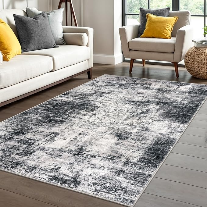 IOHOUZE Abstract Area Rug 4x6 Ft Washable Rugs for Entryway Indoor, Non Slip Small Living Room Rugs Printed Faux Wool Throw Rug, Floor Carpet for Kitchen Nursery Playroom, Black Grey
