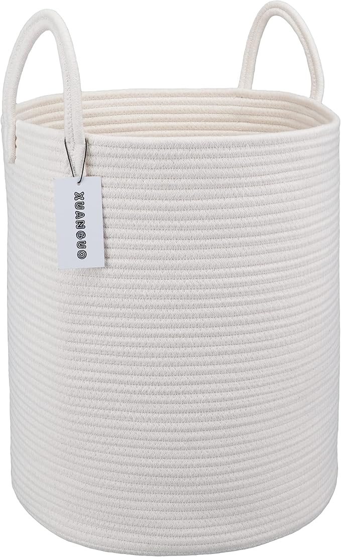 Cotton Rope Laundry Basket Hamper for Clothes Decorative Woven Storage Basket for Living Room Bedroom Boho Tall Rope Baskets for Blanket Toys Baby Nursery Hamper Bin Large white