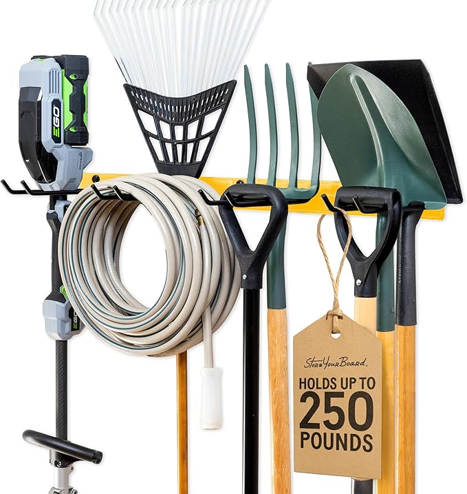 StoreYourBoard Wall-Mounted Rack With 4 Garage Hooks – Heavy-Duty Steel Holder Garage & Garden Storage for Shed, Workshop, or Home Organization – For Rakes, Shovels, Tools & More – 1 Pack, Tractor